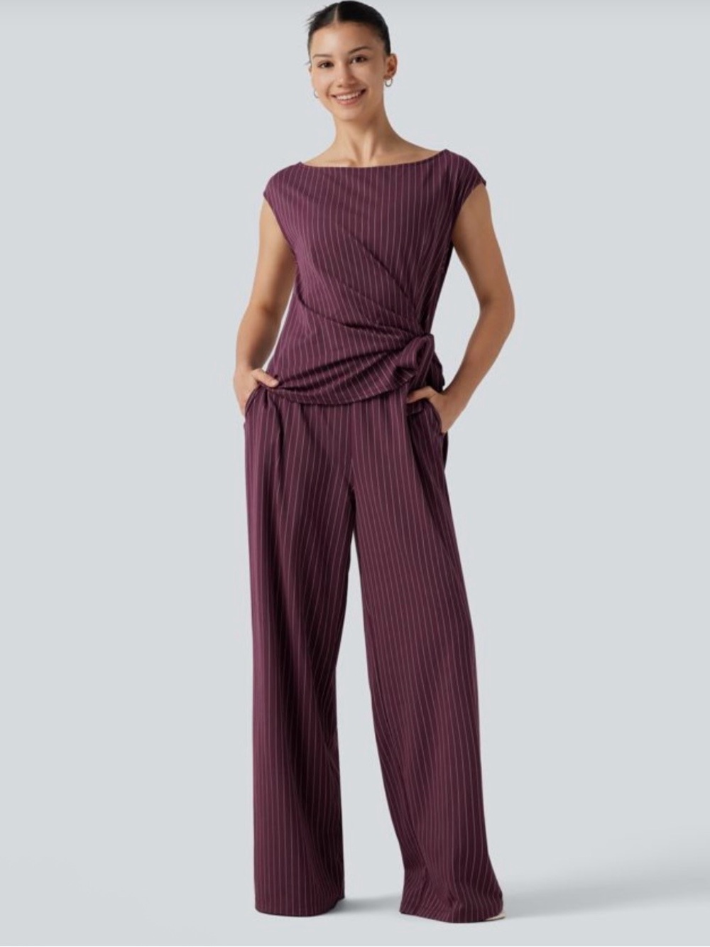 Halara Boat Neck Sleeveless Tie Side Cool Touch Stripe Work Jumpsuit